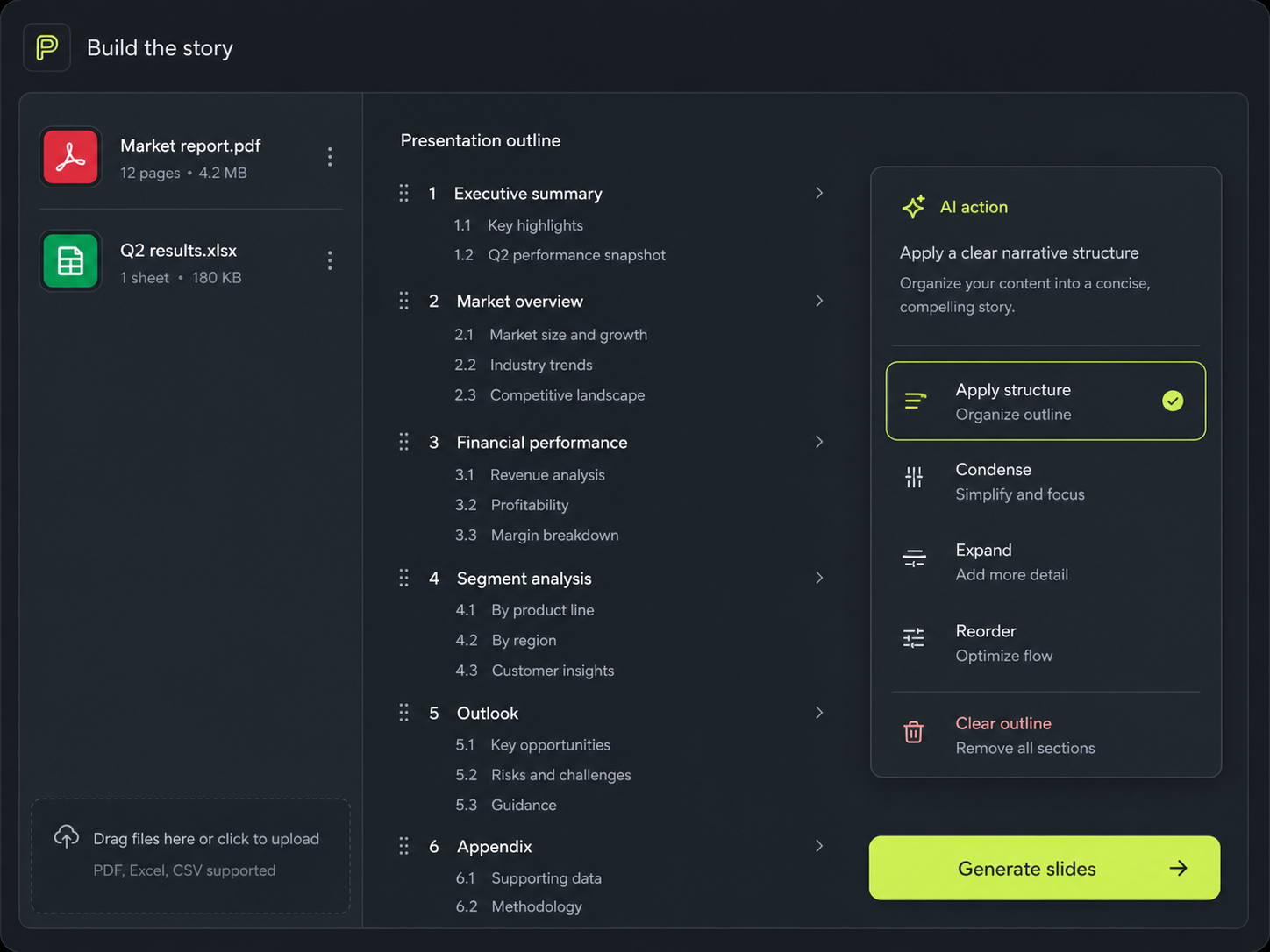Pointo organising uploaded files into a presentation outline